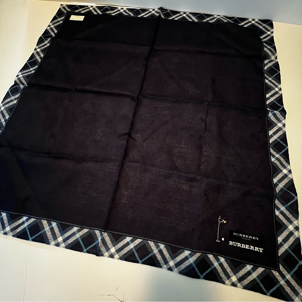 Burberry Blue Checkered Handkerchief Scarf with Golf Motif | New - Picture 3 of 7